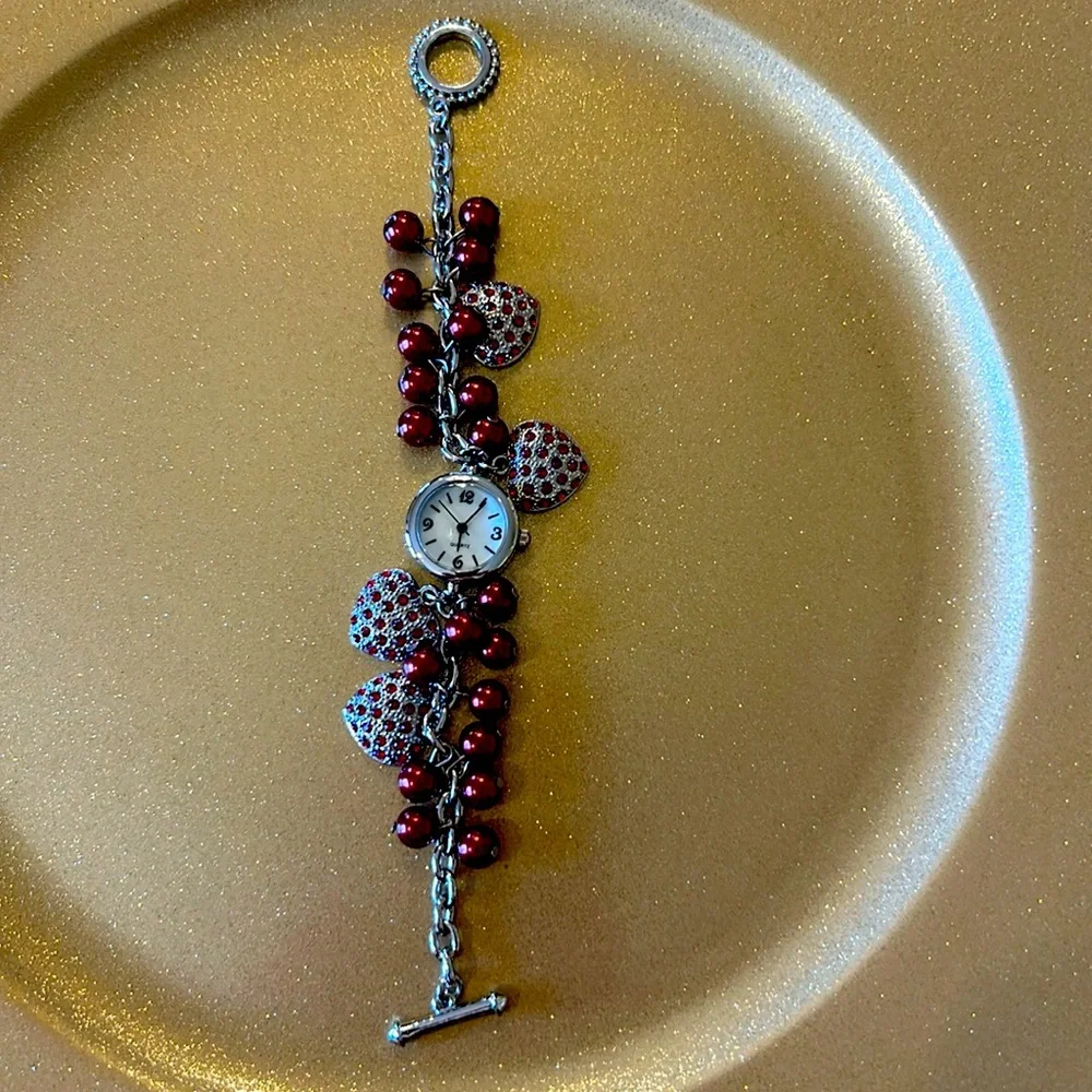 Quartz Watch Bracelet with Red Beads & Hearts on Silver Chain; Watch not working
